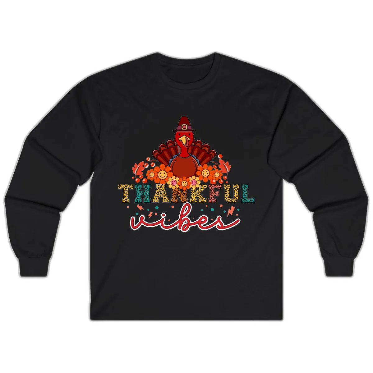Turkey Vibes Thanksgiving Design Long Sleeve in Black